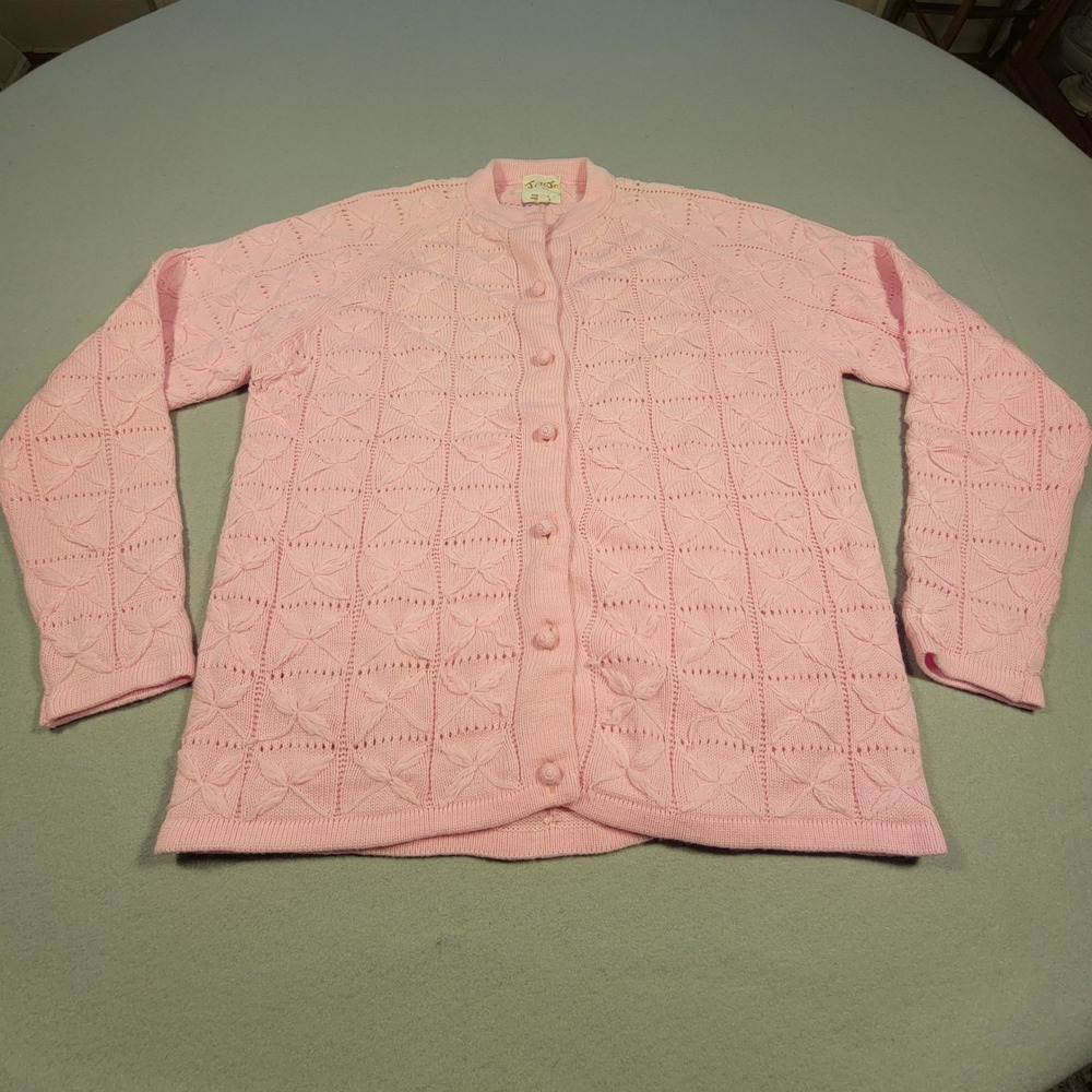 VTG Jeri Jo New York Pink Knit Cardigan Sweater Leaf Detail Women's Large Granny